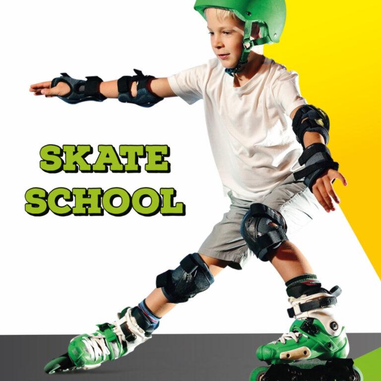 Boy rollerblading with green helmet and pads